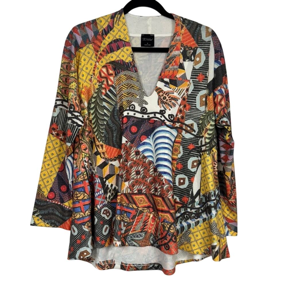 Inoah Multicolor Print Long Sleeve V Neck Sweater Womens S Lagenlook Artsy